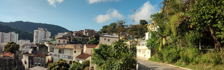 gazebo trees forest trunk tropical mountain hill landscape horizon green clear blue sky cloud dry leaves autumn favela city urban slope path street alley guardhouse stair car lane top view