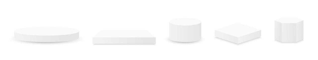White podium 3d mockup set. Stage platform light. Premium product. Contest circle. Scene stand. Award show. Cosmetic presentation. Minimal design interior. Pedestal floor. Vector illustration