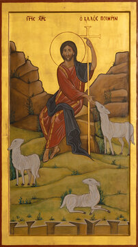 BARI, ITALY - MARCH 5, 2022: The icon of Good Shepherd in the church Chiesa di Santa Croce from 20. cent.