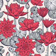 Vector seamless pattern with water lilies lotus flowers.