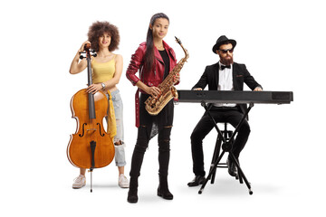 Music band with a cello, sax and a man on a keyboard