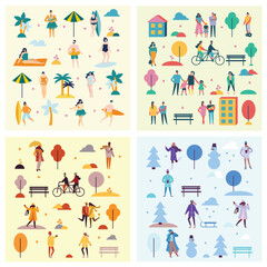 Fototapeta na wymiar Vector backgrounds in flat design of group people characters doing different activities