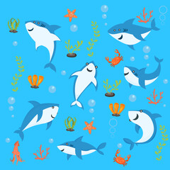 cute sharks pattern. cartoon shark, seaweed print. Sea wildlife, underwater world vector seamless texture