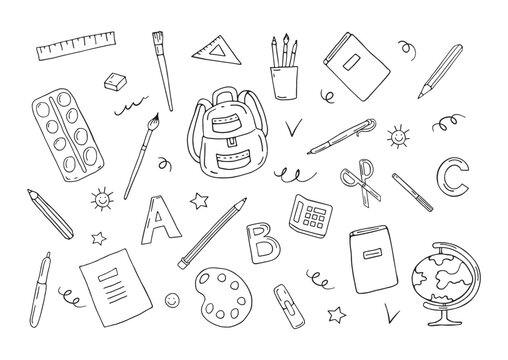 A set of school supplies. Back to school. Globe, textbooks, pencils, notebooks, paints, backpack, pen. Hand-drawn doodles. Vector illustration.