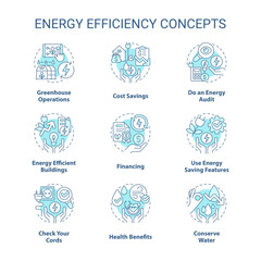 Energy efficiency turquoise concept icons set. Power conservation. Sustainability idea thin line color illustrations. Isolated symbols. Editable stroke. Roboto-Medium, Myriad Pro-Bold fonts used