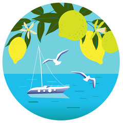 Round vector illustration of a seascape with lemons on the foreground