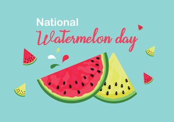 Watermelon Day. the third of August. Leaflet, poster, banner, postcard, brochure design template. Slices of watermelon. The texture of a watermelon with bones. The name of the event. Vector