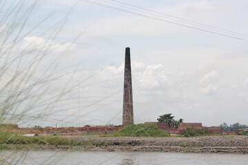 Old brick factory chimney, brick factory landscape