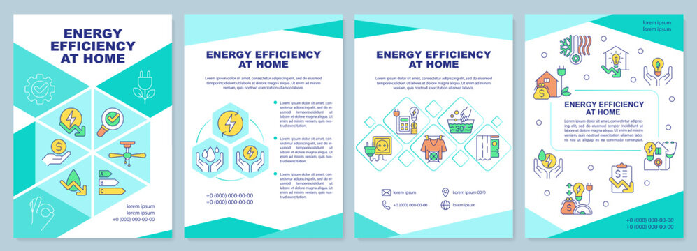 Energy Efficiency At Home Brochure Template. Leaflet Design With Linear Icons. Editable 4 Vector Layouts For Presentation, Annual Reports. Arial-Black, Myriad Pro-Regular Fonts Used