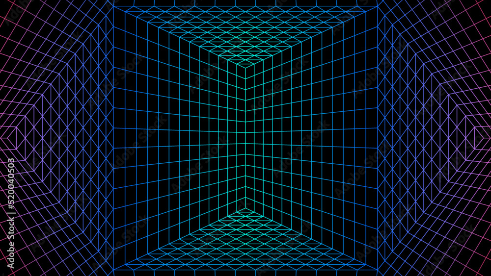 Poster Geometric grid background with neon colored 80s styled mesh. Synthwave or retrowave abstract background with retro computer grid.