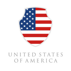 Vertical USA flag in shield shape vector illustration. United States America flag in shield shape.
