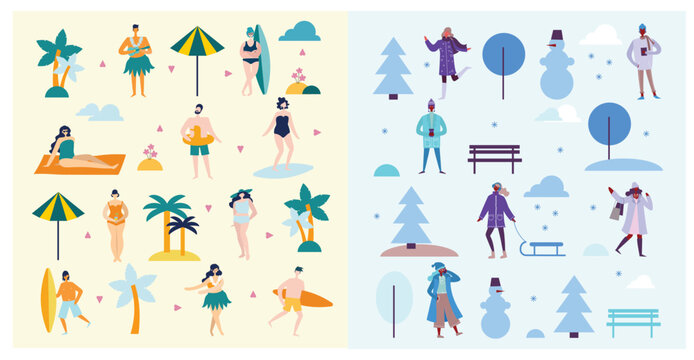 Vector illustration backgrounds in flat design of season people outdoor - summer, autumn, spring and winter