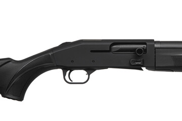 Modern semi-automatic shotgun. Weapons for sports and hunting. Black weapon isolate on white back.