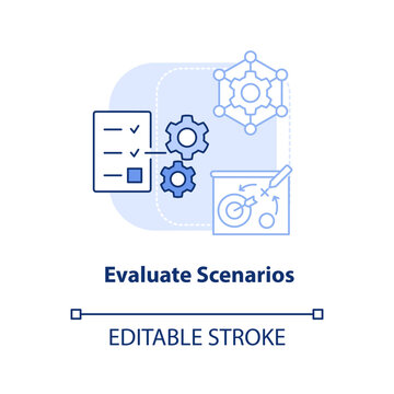 Evaluate Scenarios Light Blue Concept Icon. Optimization. Supply Chain Priority Abstract Idea Thin Line Illustration. Isolated Outline Drawing. Editable Stroke. Arial, Myriad Pro-Bold Fonts Used