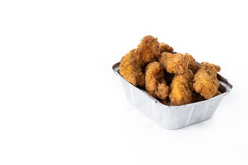 Crispy Kentucky fried chicken in box isolated on white background. Copy space
