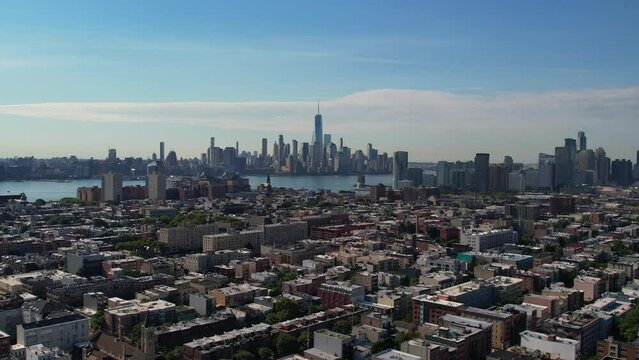 Aerial shot from Hoboken to Downtown Manhattan NYC