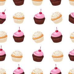 Seamless pattern of cupcakes with cherries and confetti. The background is chocolate and vanilla cake.