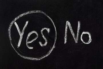 Message yes chalk board. Check test. Decision making choice concept text YES and NO on chalkboard...
