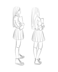 Vector illustration set of a teenage girl. Schoolgirl in student uniform with a textbook or laptop in her hands. 