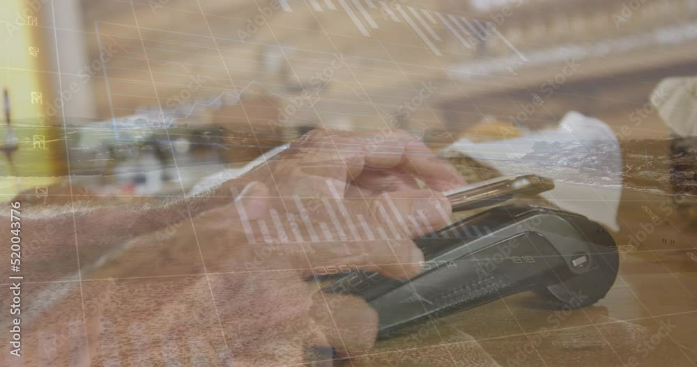Poster animation of financial data and graphs over hands of caucasian man using payment terminal