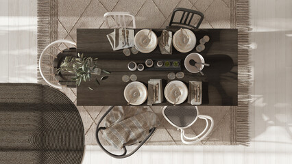 Wooden country dining table with table setting in white and dark tones.Jute carpet. Scandinavian boho interior design. Top view, plan, above