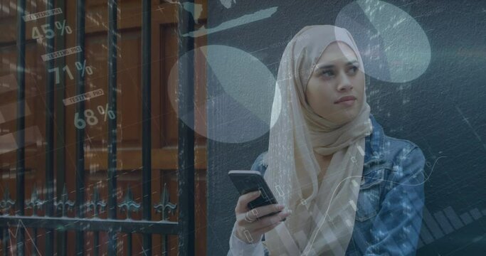 Animation of financial data and graphs over middle easters woman using smartphone