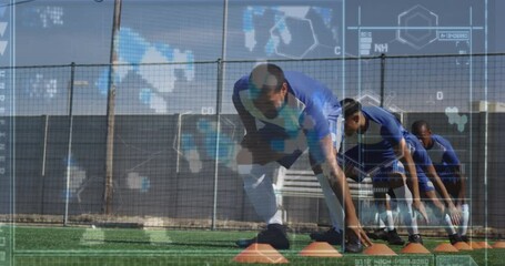 Animation of screen with biological data over diverse male soccer players during training - Powered by Adobe