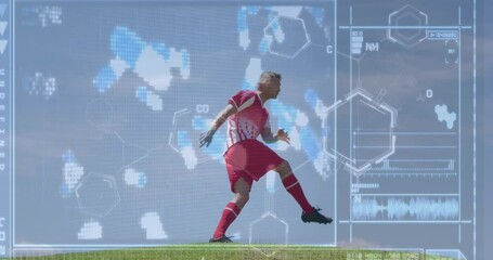 Animation of screen with biological data over caucasian male soccer player during training - Powered by Adobe