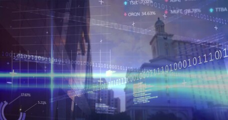 Animation of financial data, binary code and graphs over city buildings - Powered by Adobe