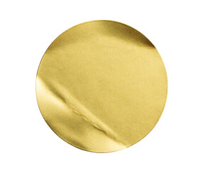 Blank golden round adhesive paper metallic sticker label isolated on white background