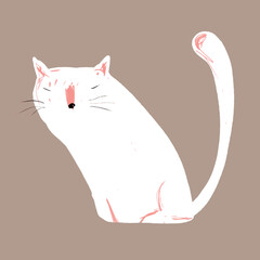 Simple Abstract Vector Illustration with White Dreamy Hand Drawn Cat. Cute Print with Funny Kitty on a Dusty Brown Background ideal for Card, Wall Art, Poster. Cool Art for Cat Lovers.