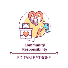 Community responsibility concept icon. Type of CSR abstract idea thin line illustration. Positive work environment. Isolated outline drawing. Editable stroke. Arial, Myriad Pro-Bold fonts used
