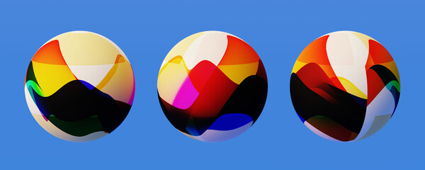 Artwork of three abstract multicolored spheres on a sky blue background