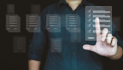 Digital data management online, People touching data on visual screen, Technology data network online.