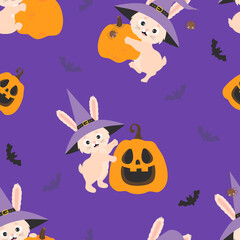 Cute Halloween. Seamless pattern with funny Halloween rabbit in witch hat with spider and pumpkin lantern Jack on purple background with bats. Vector illustration. Cute kids collection.
