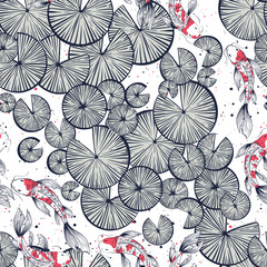 Vector seamless pattern with water lilies lotus leaves and Japanese carps, koi fishes.