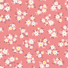 Chamomile floral mille fleur seamless pattern on pink background. Small summer flowers in simple scandinavian cartoon doodle style perfect for textile, wallpaper, fabric.