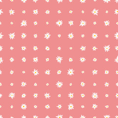 Chamomile floral mille fleur seamless pattern on pink background. Small summer flowers in simple scandinavian cartoon doodle style perfect for textile, wallpaper, fabric.