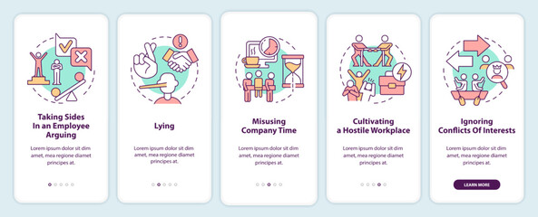 Unethical behavior onboarding mobile app screen. Misusing company time walkthrough 5 steps editable graphic instructions with linear concepts. UI, UX, GUI template. Myriad Pro-Bold, Regular fonts used