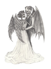 Art  fantasy couple wedding devil and angel skulls. Hand drawing on paper.