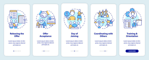 Team joining process onboarding mobile app screen. Employment walkthrough 5 steps editable graphic instructions with linear concepts. UI, UX, GUI template. Myriad Pro-Bold, Regular fonts used