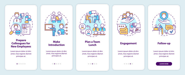 Developing adaptation process onboarding mobile app screen. Hiring walkthrough 5 steps editable graphic instructions with linear concepts. UI, UX, GUI template. Myriad Pro-Bold, Regular fonts used