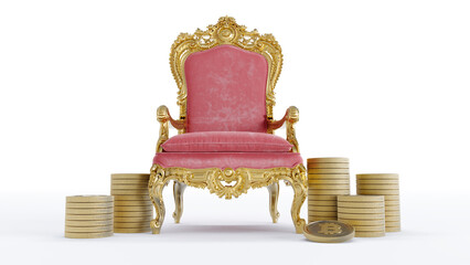 3D render of red king throne withe bitcoin coins isolated on white background