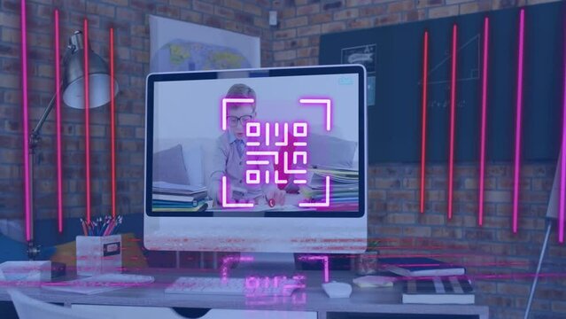 Animation of neon qr code and lines over caucasian schoolboy on computer screen