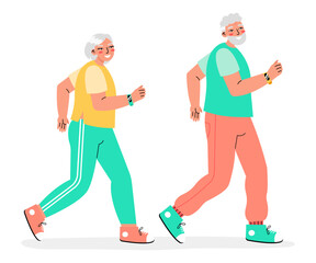 Joyful positive old couple running with fitness tracker isolated on a white background. Smart Watch for senior people concept. Active old age.