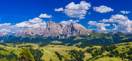 Fototapeta na wymiar Dolomites, Panoramic View of Dolomite Mountains, Val Gardena, South Tyrol, Italy