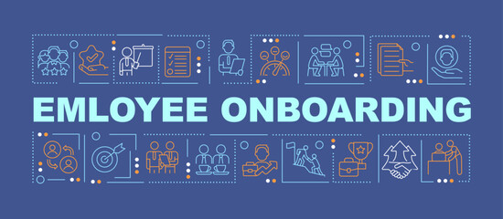 Employee adaptation word concepts dark blue banner. Job integration. Infographics with editable icons on color background. Isolated typography. Vector illustration with text. Arial-Black font used