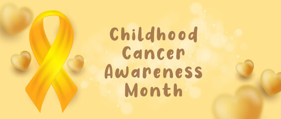Realistic banner International childhood cancer awareness month text with ribbon on yellow background - obrazy, fototapety, plakaty