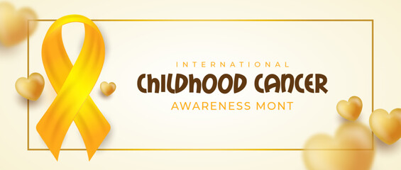 Realistic banner International childhood cancer awareness month with 3D stytle ribbon in yellow gold square - obrazy, fototapety, plakaty