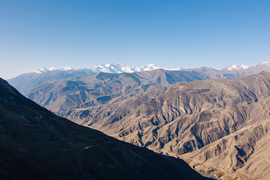 Beautiful view of the mountains. Travel in russia republic of dagestan. caucasian Mountain ayl old town. Motivation for hiking in autumn. new experience inspiration. Spirit of adventure. 